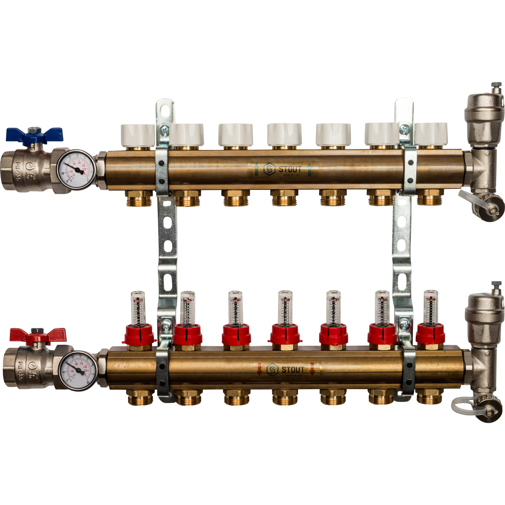 Коллекторная группа Stout в сборе 1"x3/4" 7 выходов с расходомерами, латунь, SMB 0473 000007
