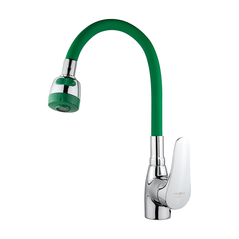 Смеситель Melodia Ostessa MDV40616Green для кухни, гибкий излив с лейкой, зеленый матовый / хром глянцевый