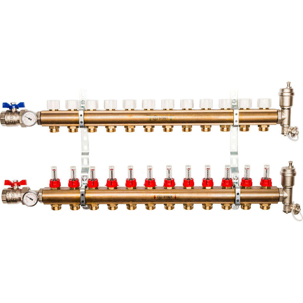 Коллекторная группа Stout в сборе 1"x3/4" 12 выходов с расходомерами, латунь, SMB 0473 000012