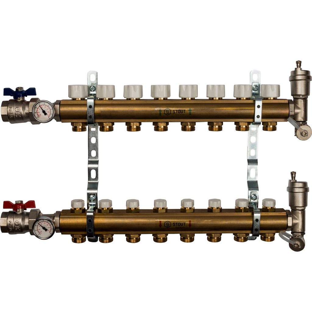 Коллекторная группа Stout в сборе 1"x3/4" 8 выходов без расходомера, латунь, SMB 0468 000008