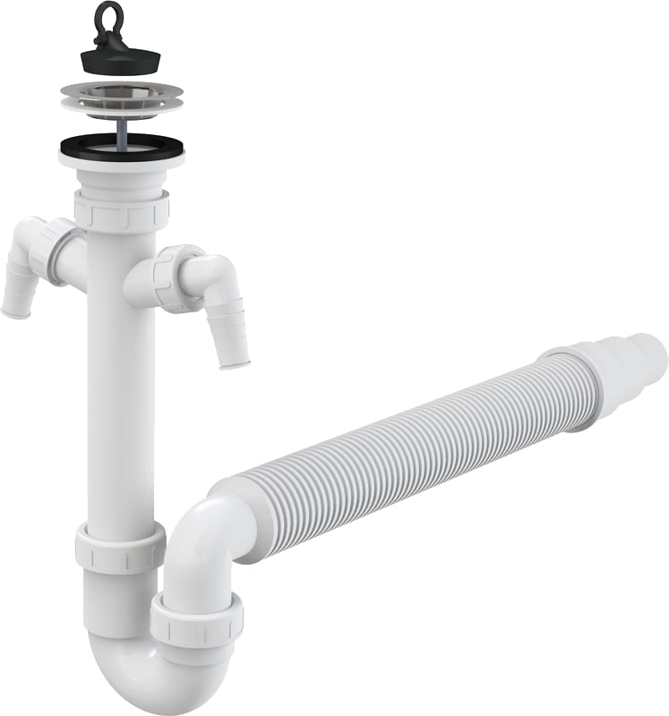 Сифон для мойки AlcaPlast A840-DN50/40 с выпуском с пробкой, с двумя отводами для бытовой техники и гофрой