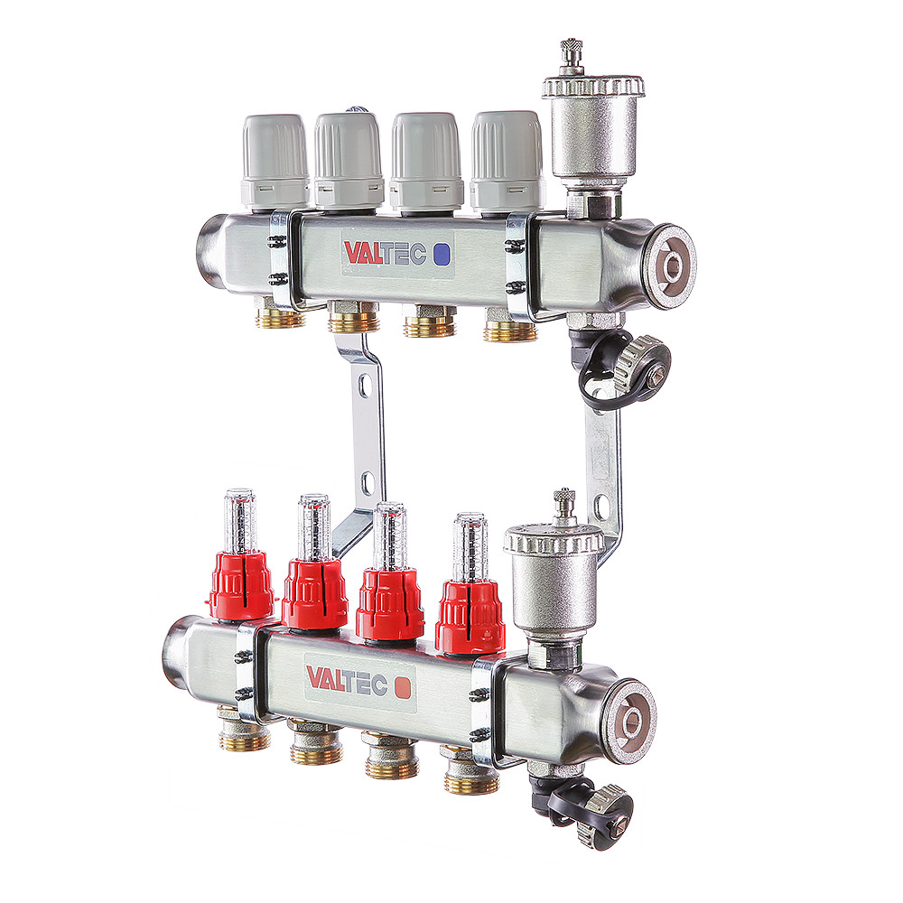 Коллекторный блок Valtec 1" ВР, 9 x 3/4" НР евроконус, с регулировочными клапанами и расходомерами, нержавеющая сталь, VTc.586.EMNX.0609
