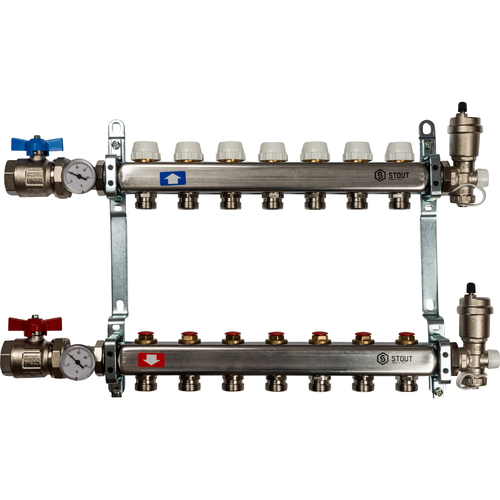 Коллекторная группа Stout в сборе 1"x3/4" 7 выходов без расходомеров нержавеющая сталь, SMS 0912 000007