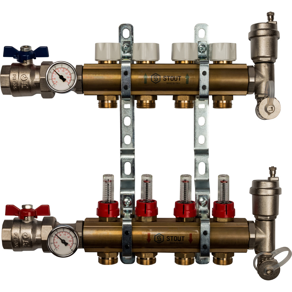 Коллекторная группа Stout в сборе 1"x3/4" 4 выхода с расходомерами, латунь, SMB 0473 000004
