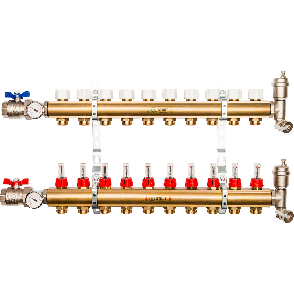Коллекторная группа Stout в сборе 1"x3/4" 10 выходов с расходомерами, латунь, SMB 0473 000010