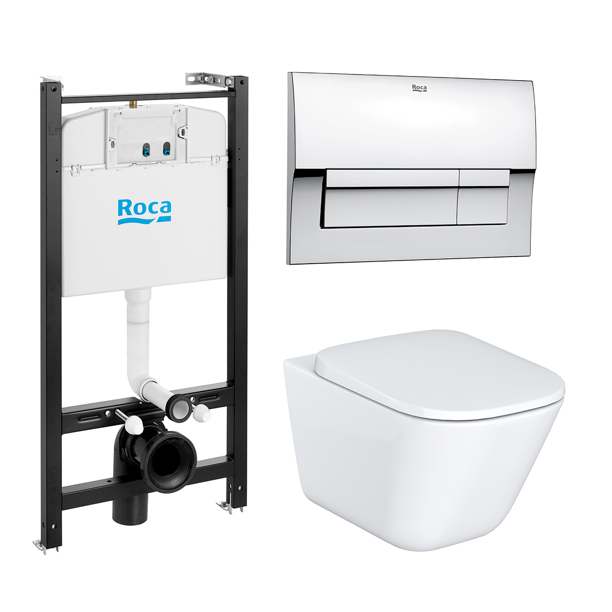 Комплект Roca The Gap Pack 893104100: инсталляция + клавиша смыва (хром) + подвесной унитаз + сиденье с микролифтом, белый