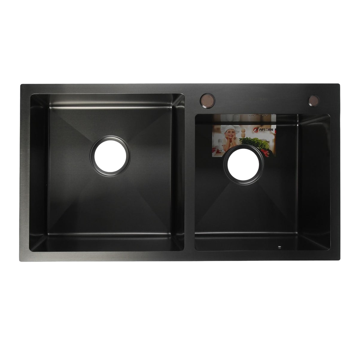 Мойка кухонная Aflorn 780x430 двойная врезная, толщина S 3,0 и 0,8 мм, с сифоном, нержавеющая сталь / графит