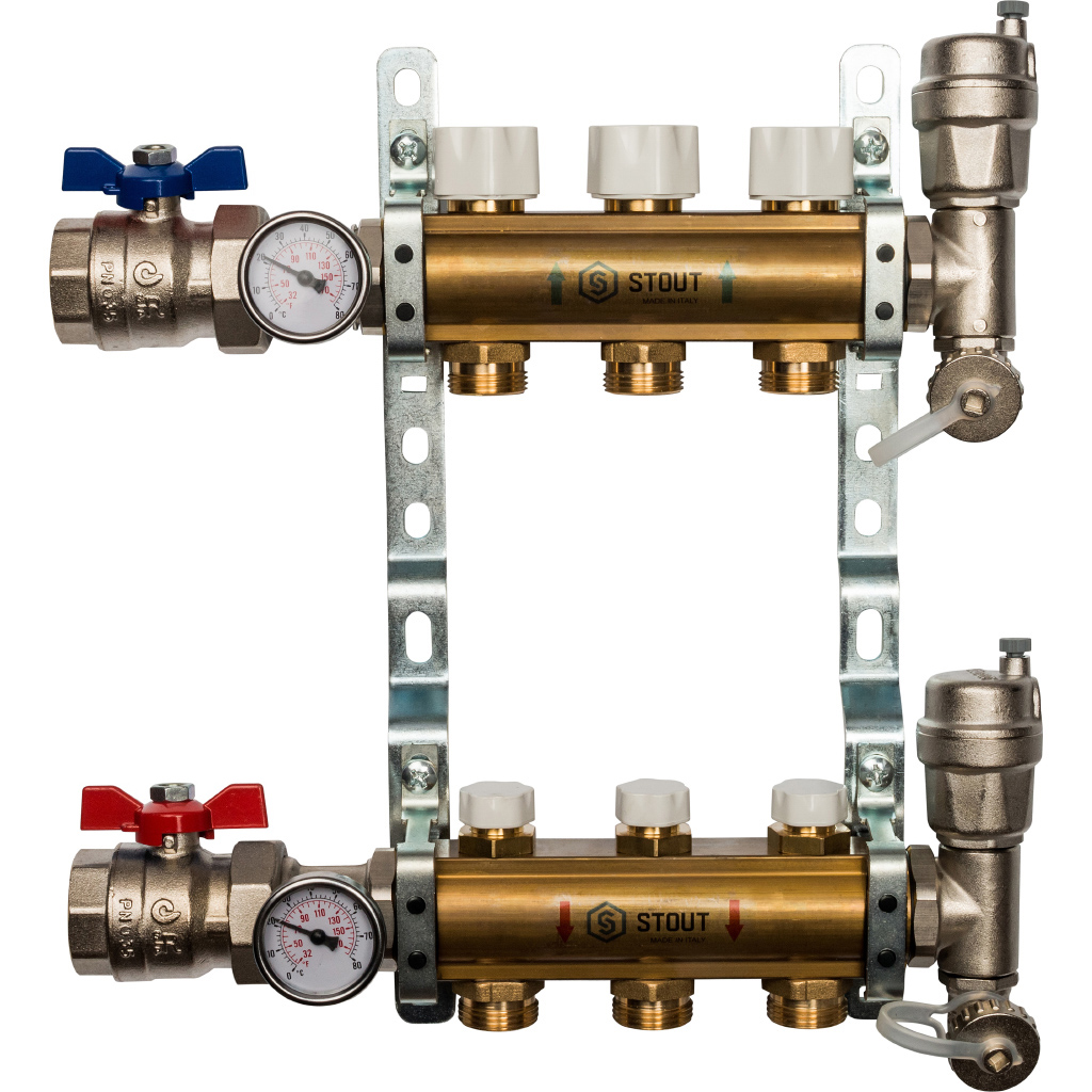 Коллекторная группа Stout в сборе 1"x3/4" 3 выхода без расходомера, латунь,SMB 0468 000003