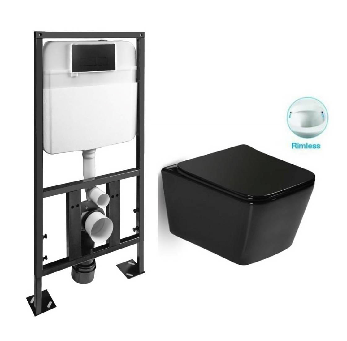 Комплект SantiLine SL-5004MB+SL-04 унитаз подвесной, безободковый, ультратонкое сиденье микролифт + инсталляция с клавишей смыва, черный матовый
