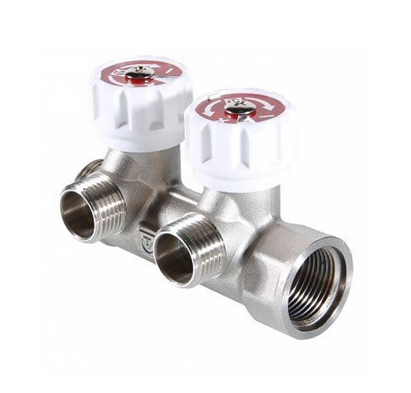 Коллектор Valtec 3/4", 2 х 1/2" НР, с регулирующими вентилями, никелированный, VTc.570.N.0502