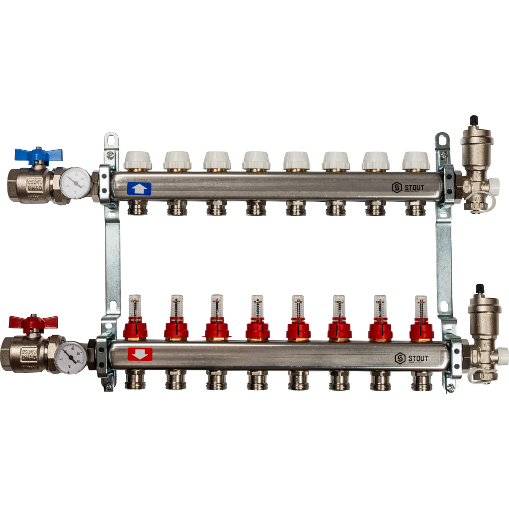 Коллекторная группа Stout в сборе 1"x3/4" 8 выходов с расходомерами нержавеющая сталь, SMS 0907 000008