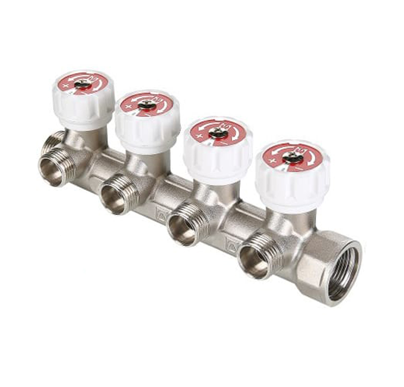 Коллектор Valtec 3/4", 3 х 1/2" НР, с регулирующими вентилями, никелированный, VTc.570.N.0504