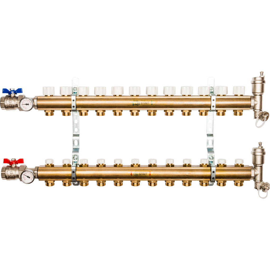 Коллекторная группа Stout в сборе 1"x3/4" 12 выходов без расходомера, латунь, SMB 0468 000012