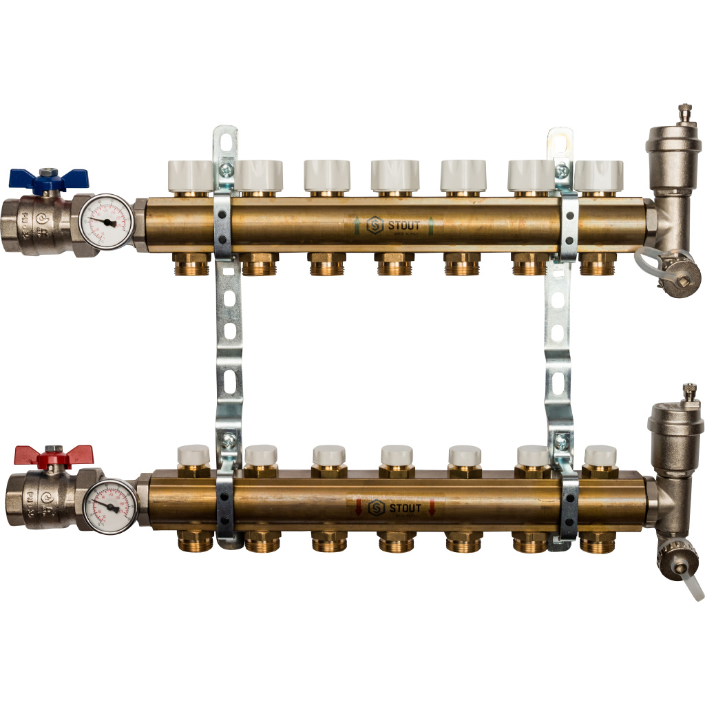 Коллекторная группа Stout в сборе 1"x3/4" 7 выходов без расходомера, латунь, SMB 0468 000007