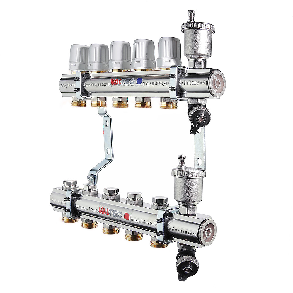 Коллекторный блок Valtec 1" ВР, 5 x 3/4" НР евроконус, с регулировочными и балансировочными клапанами, латунь, VTc.594.EMNX.0605