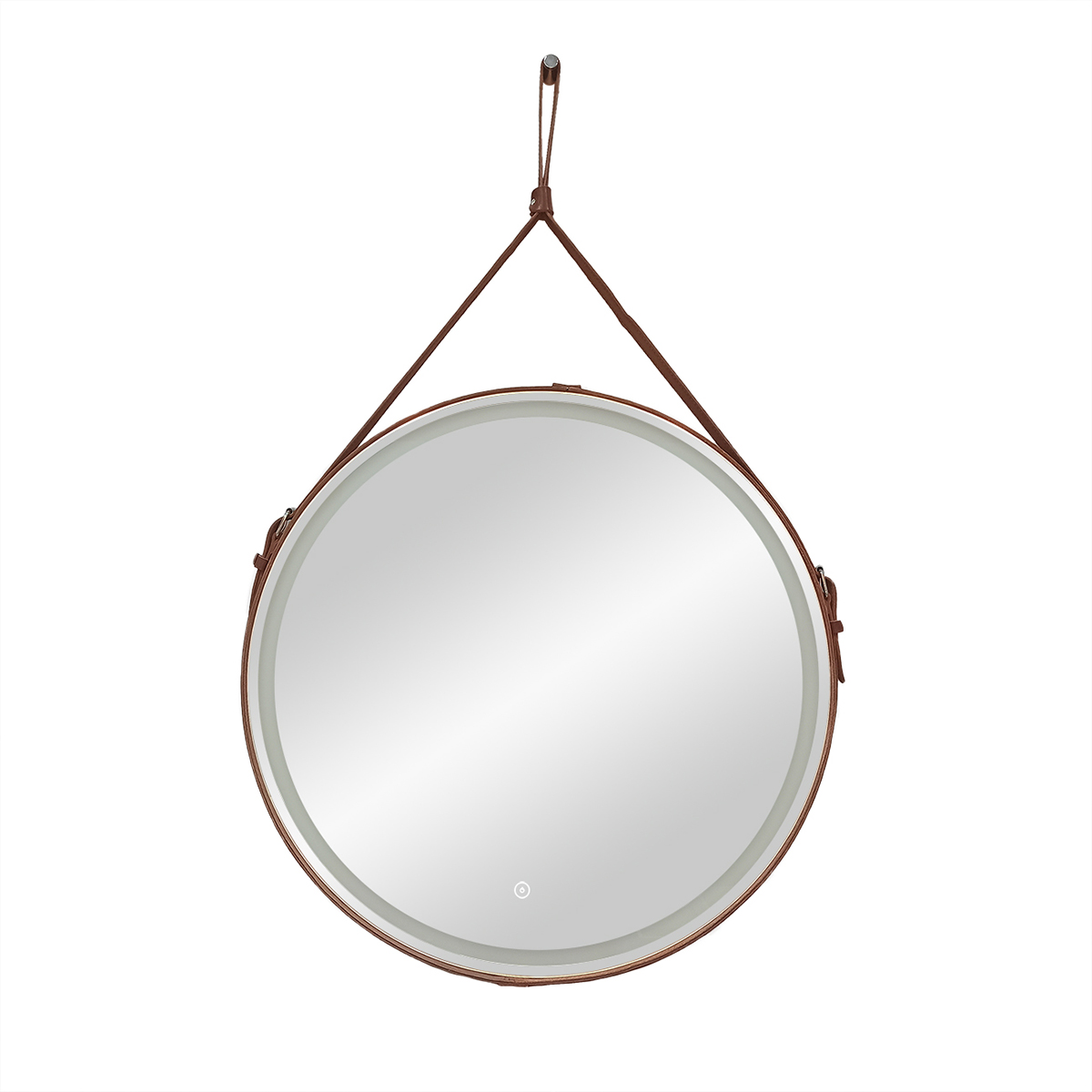 Зеркало Continent Millenium Brown D800 круглое, с LED подсветкой, кожаный ремень, коричневый