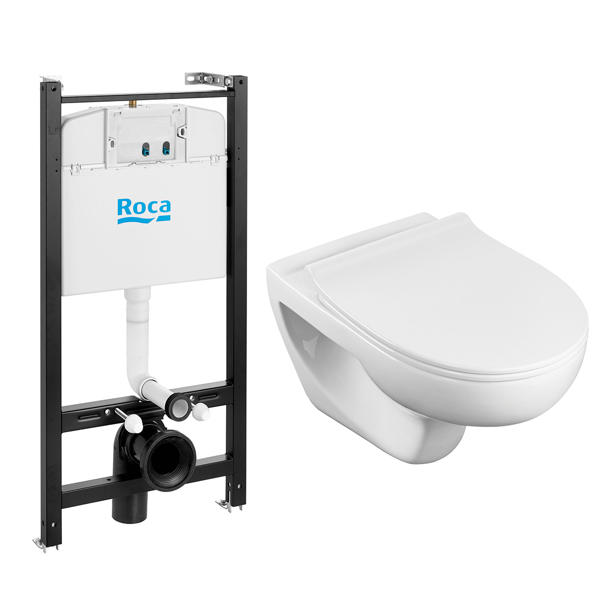 Комплект Roca Victoria Pack 893105010: инсталляция + подвесной унитаз Rimless + сиденье Slim с микролифтом, белый