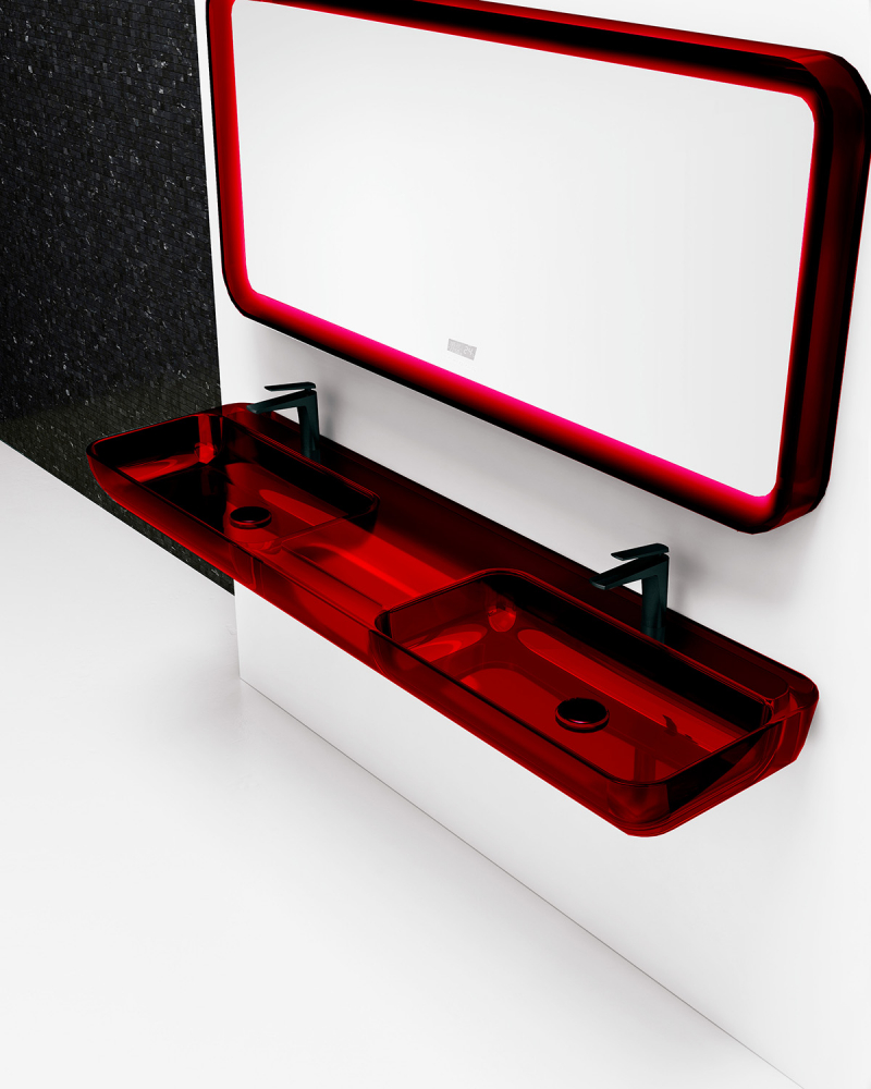 Раковина Abber Kristall AT2807Rubin подвесная, прозрачная 1500x400, красный