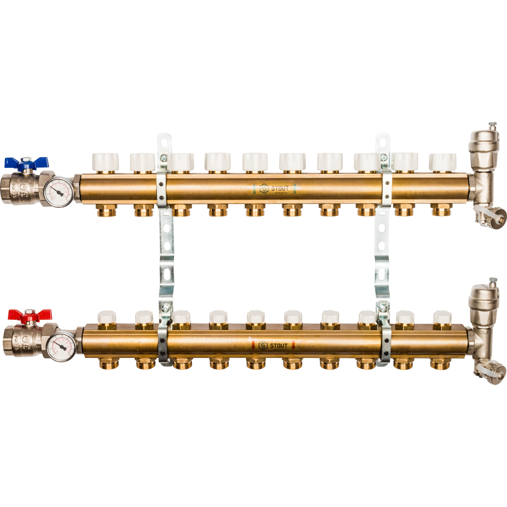 Коллекторная группа Stout в сборе 1"x3/4" 10 выходов без расходомера, латунь, SMB 0468 000010