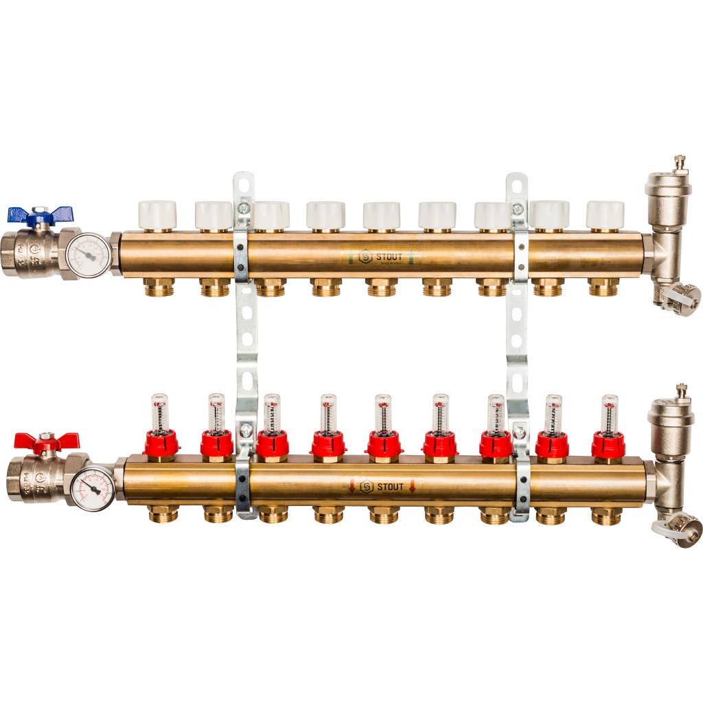 Коллекторная группа Stout в сборе 1"x3/4" 9 выходов с расходомерами, латунь, SMB 0473 000009