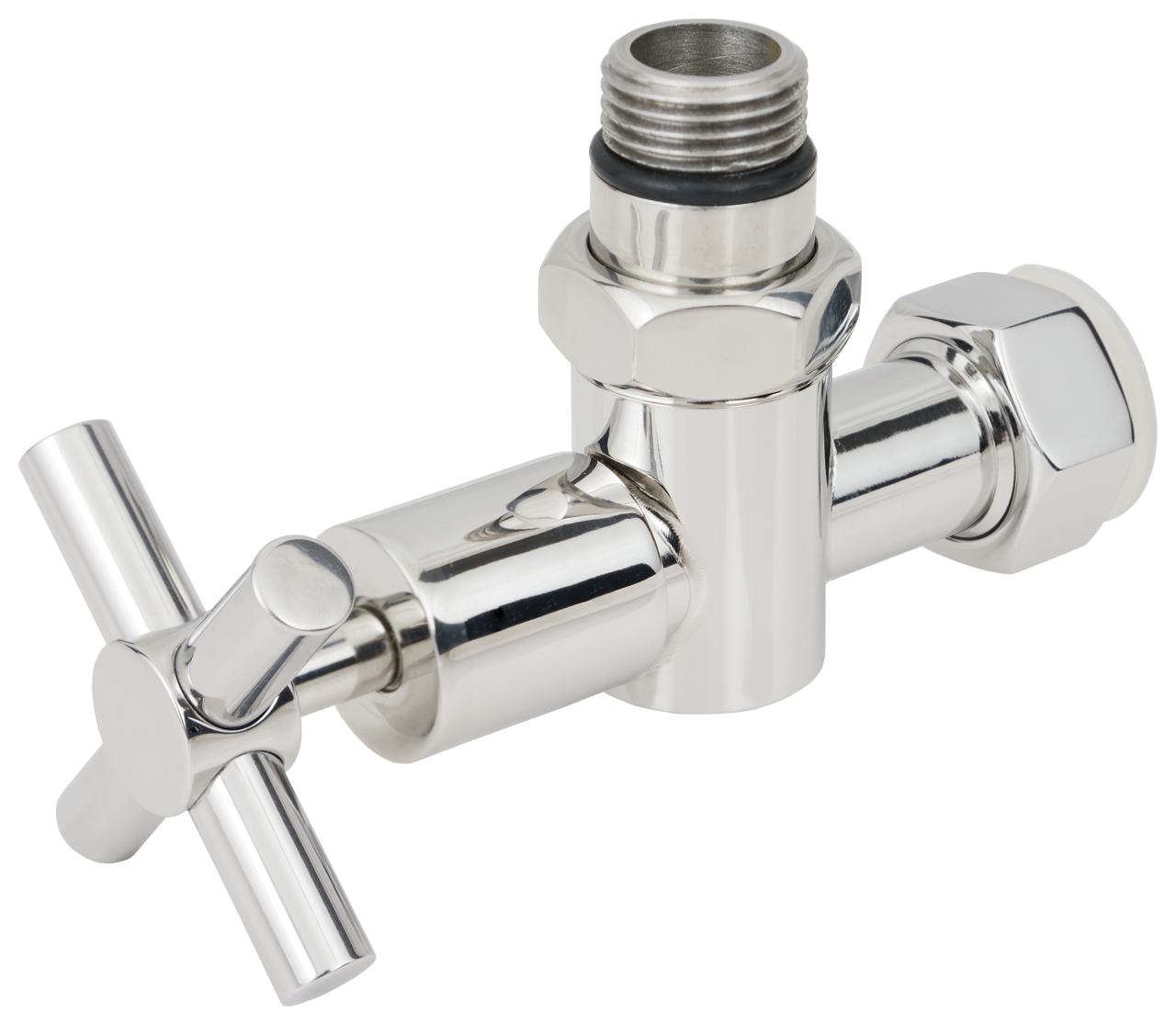 Вентиль запорный Стилье крестовой G 1/2" НР x G 3/4" НГ, полированная нержавеющая сталь