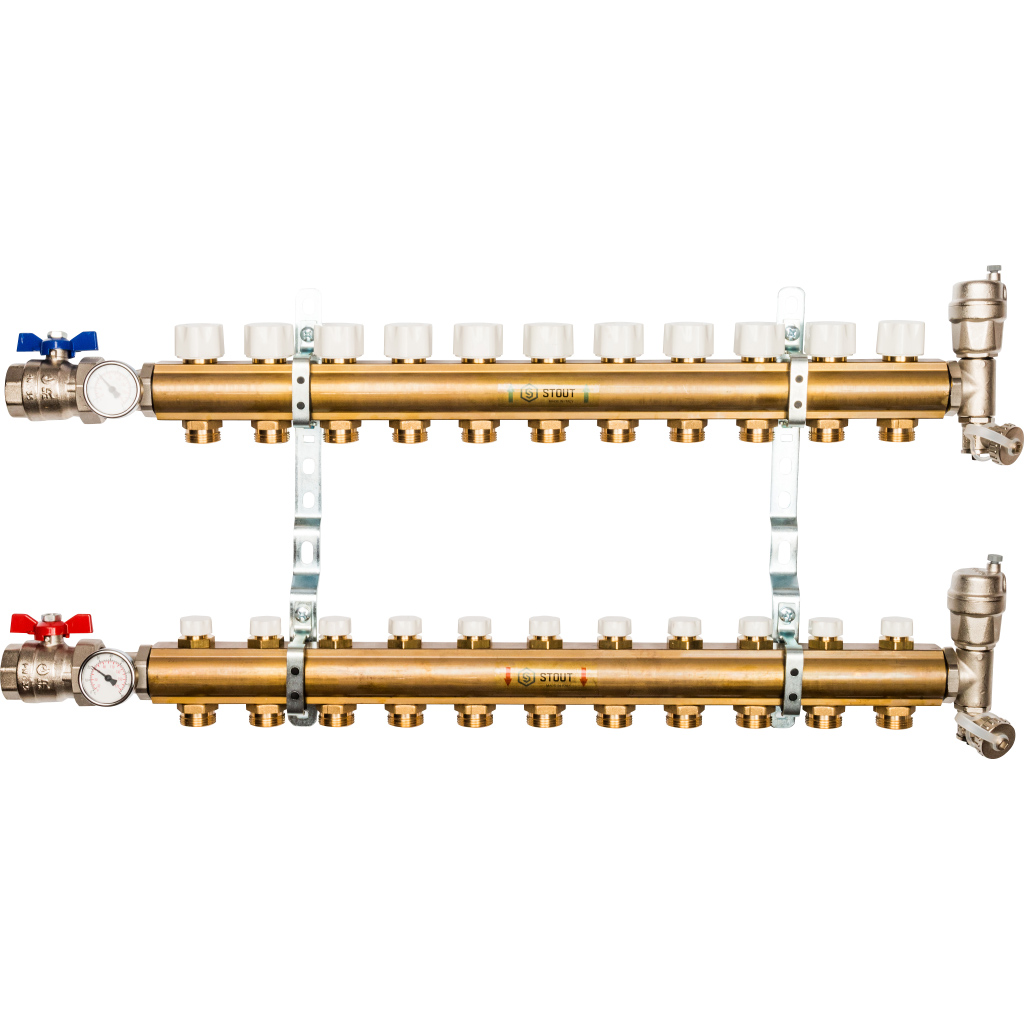 Коллекторная группа Stout в сборе 1"x3/4" 11 выходов без расходомера, латунь, SMB 0468 000011
