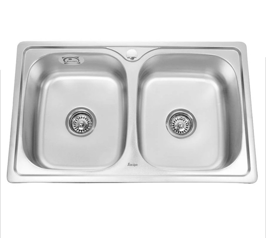 Мойка кухонная Sinklight 800x500x180 (0,8), 2 чаши, с сифоном, нержавеющая сталь / глянцевая