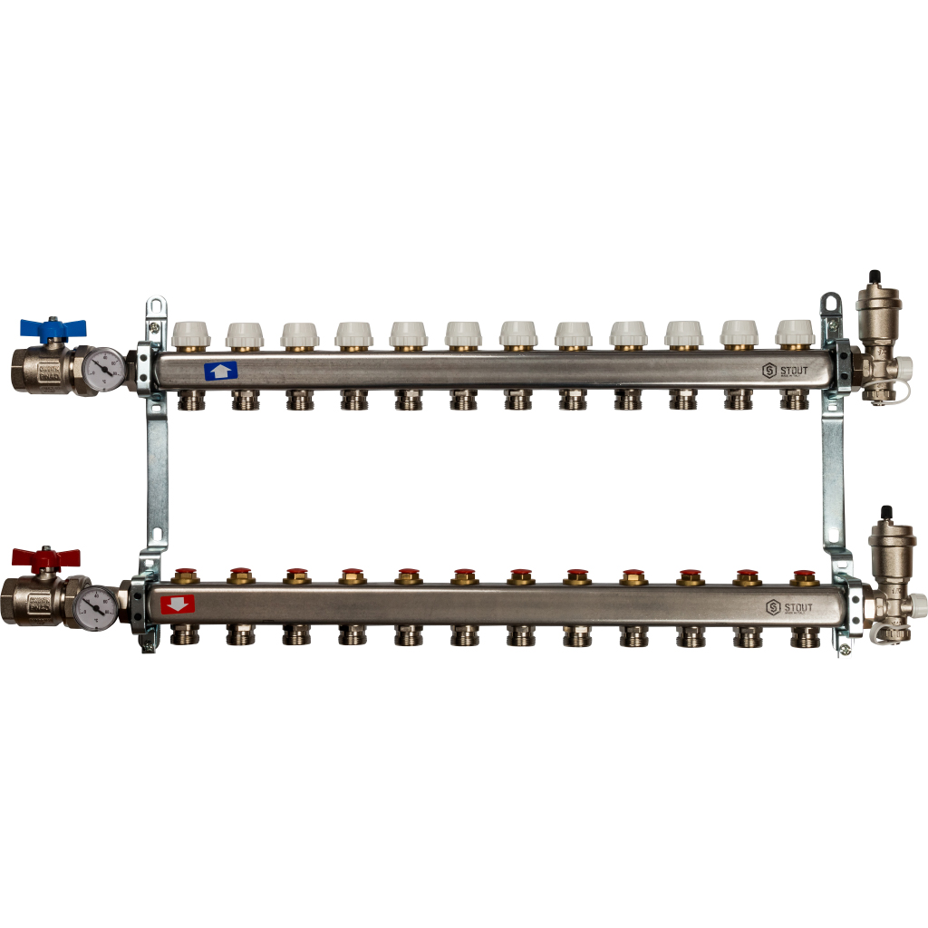 Коллекторная группа Stout в сборе 1"x3/4" 13 выходов без расходомеров нержавеющая сталь, SMS 0912 000013