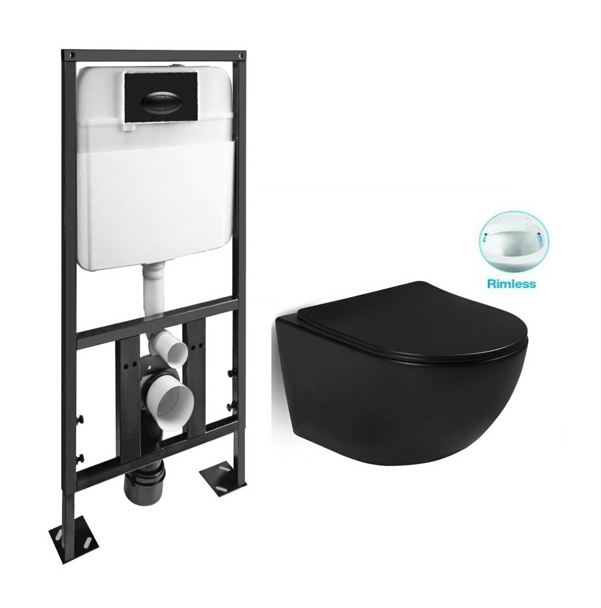 Комплект SantiLine SL-5018MB+SL-03 унитаз подвесной безободковый, ультратонкое сиденье микролифт + инсталляция с клавишей смыва, черный матовый