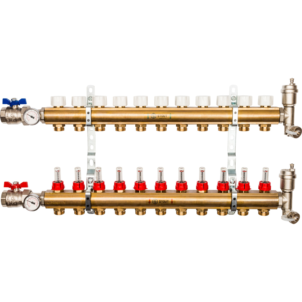 Коллекторная группа Stout в сборе 1"x3/4" 11 выходов с расходомерами, латунь, SMB 0473 000011