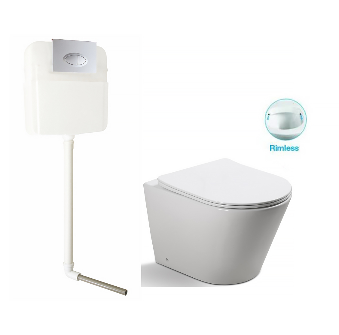 Комплект SantiLine SL-5020+SL-02 унитаз напольный приставной, безободковый, ультратонкое сиденье микролифт + бачок для скрытого монтажа, клавиша смыва, хром