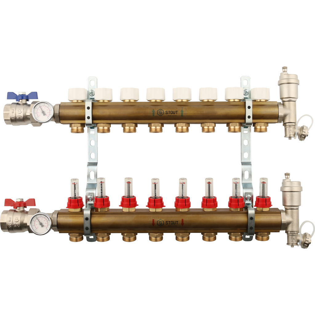 Коллекторная группа Stout в сборе 1"x3/4" 8 выходов с расходомерами, латунь, SMB 0473 000008