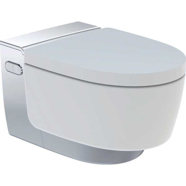 Унитаз-биде подвесной Geberit AquaClean Mera Comfort 146.214.21.1 безободковый, с микролифтом, декоративная панель глянцевый хром