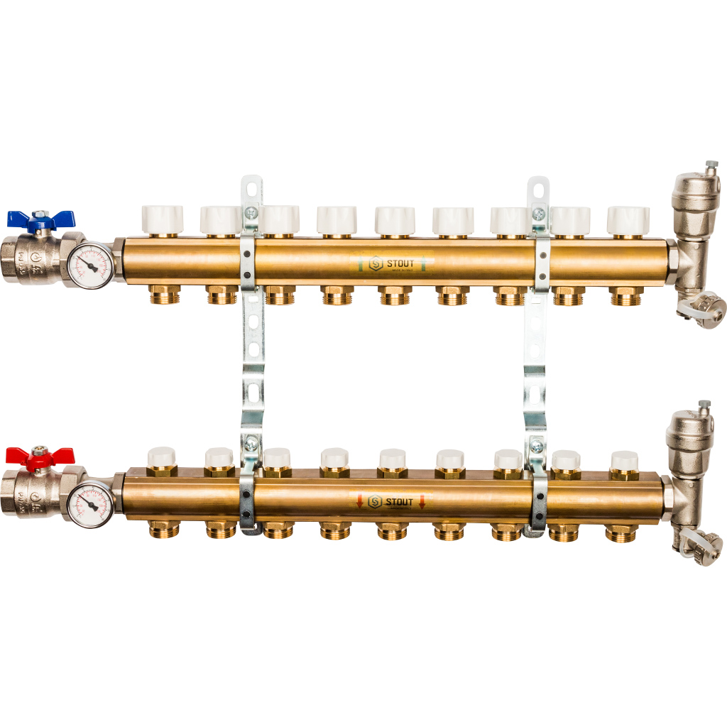 Коллекторная группа Stout в сборе 1"x3/4" 9 выходов без расходомера, латунь, SMB 0468 000009