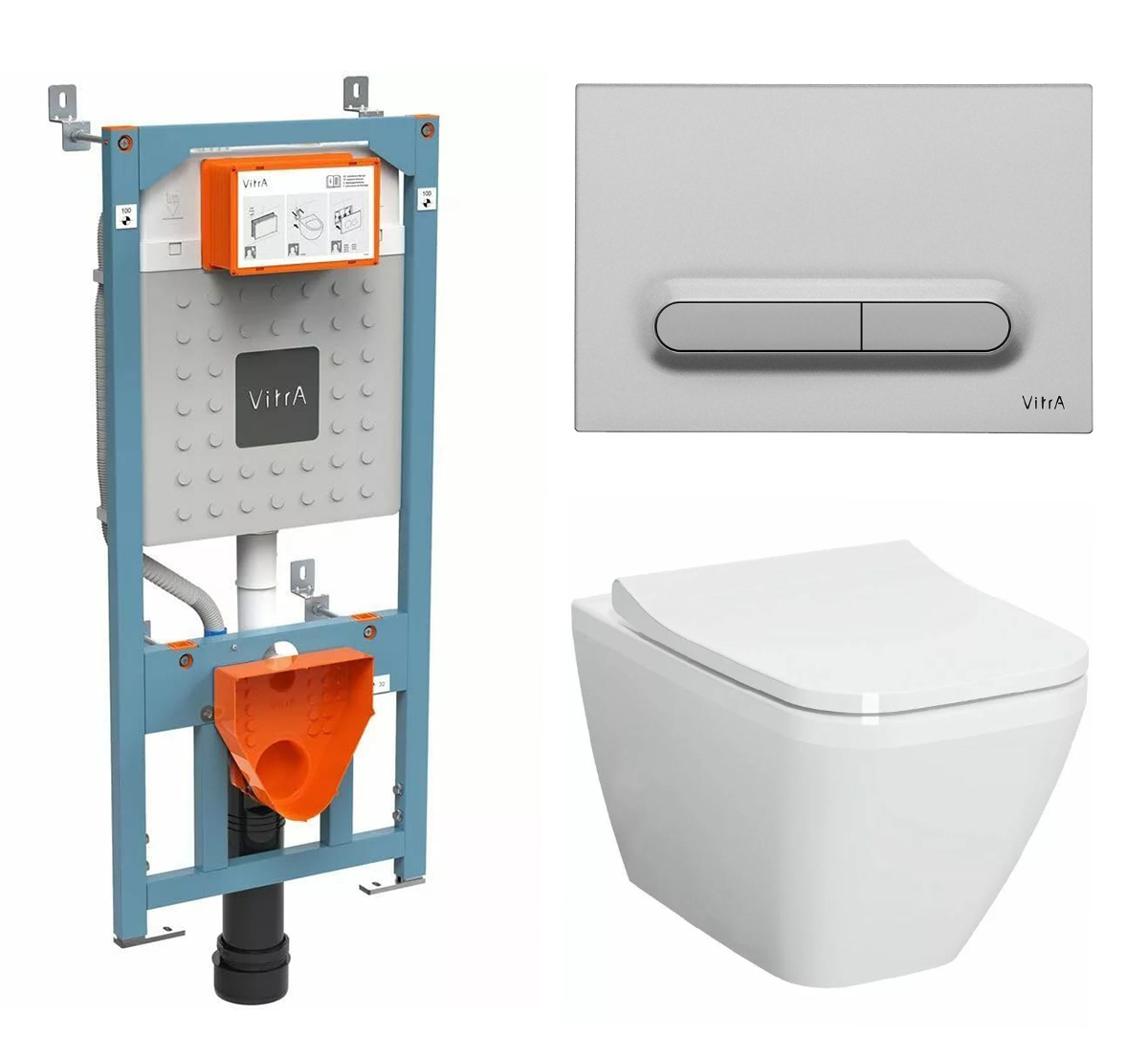 Комплект VitrA Integra Square 9856B003-7206 инсталляция, клавиша смыва / хром матовый, подвесной унитаз S50 Rim-Ex с сиденьем с микролифтом